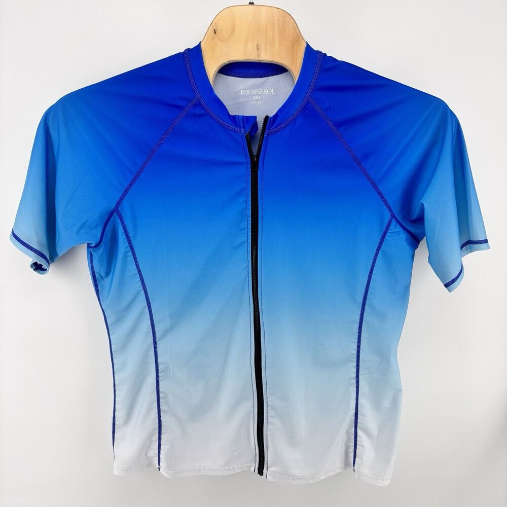 Tournesol Rash Guard 2XL Blue Ombre Zip UPF 50+ Short Sleeve Swim Top